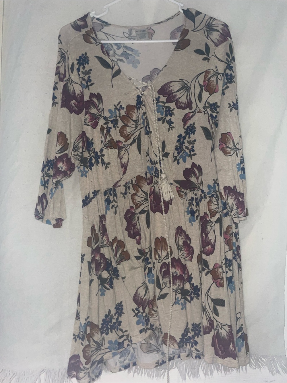 Terra & Sky Beige Floral Tie-Front Tunic with Purple & Blue Blooms